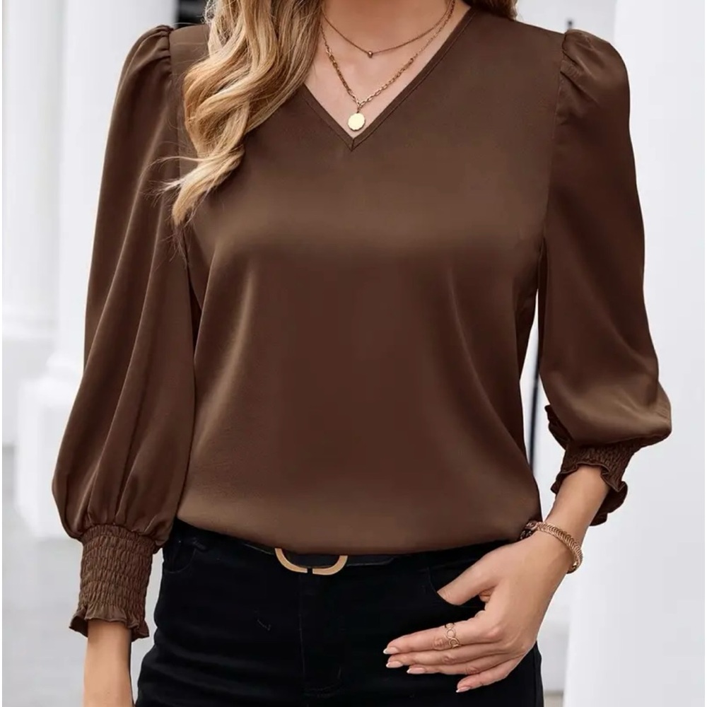 Elegant V-Neck Lantern Sleeve Blouse - Shirred Trim, Solid Color, Comfortable